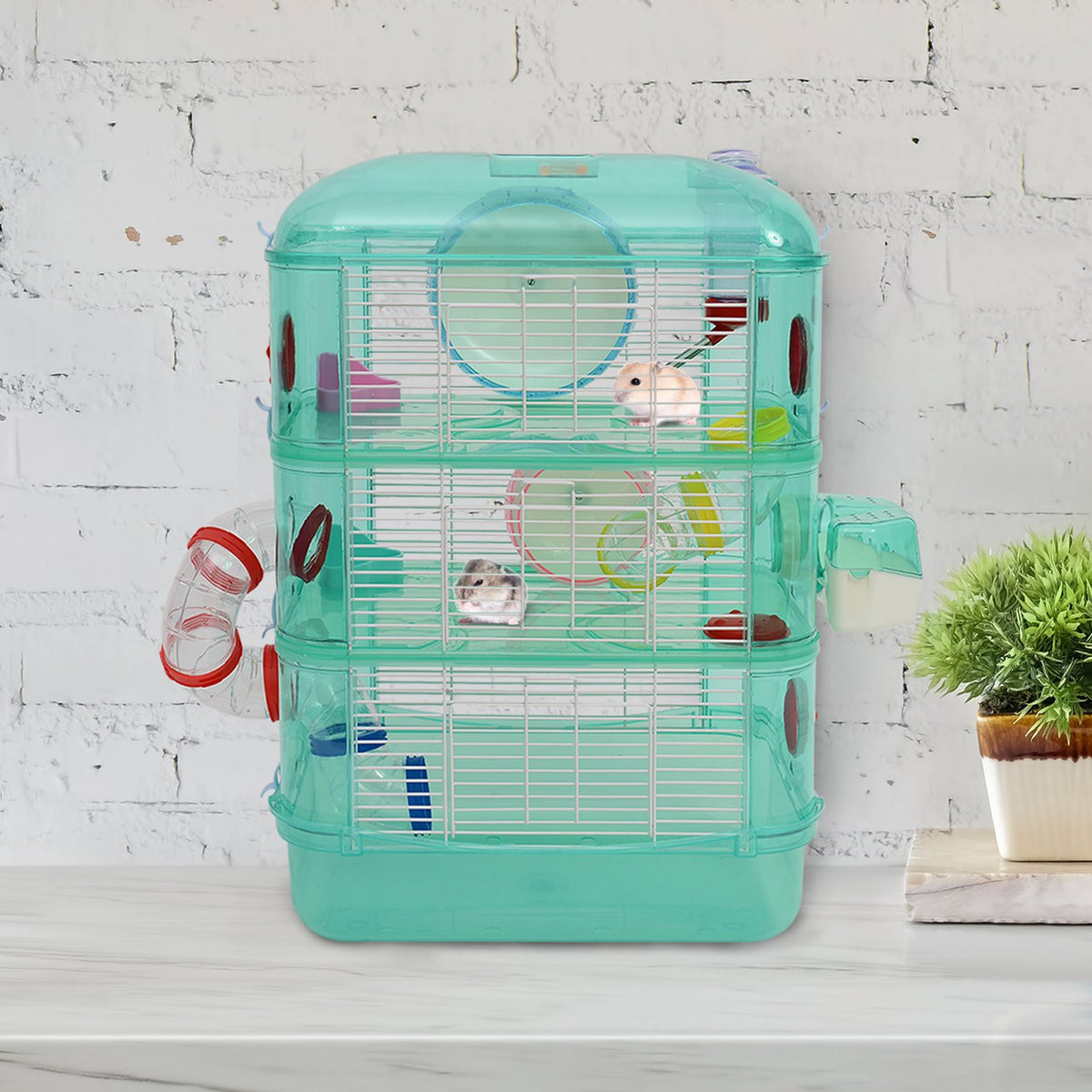 Small Animal Cage With Balance Wheel, Food Bowl, Drinking Bottle, Green, 40.5X28X55Cm