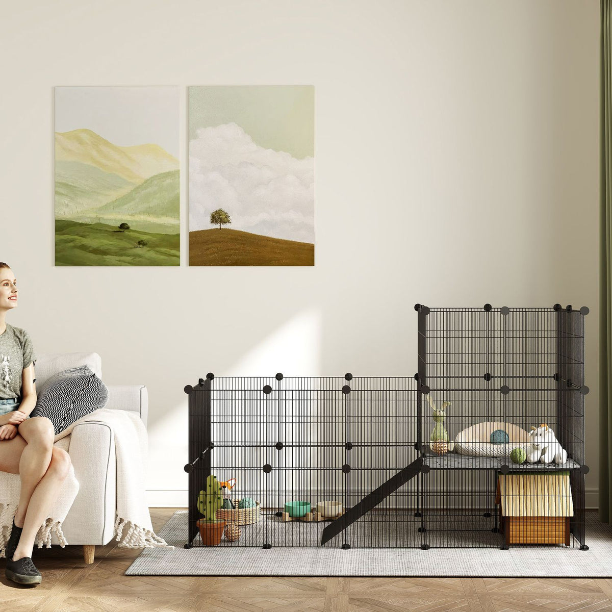 Small Animal Enclosure Small Animal Cage with 39 Panels Outdoor Enclosure with Ramp DIY Mesh Enclosure Metal Small Animals Openable Black 140 x 70 x 105 cm