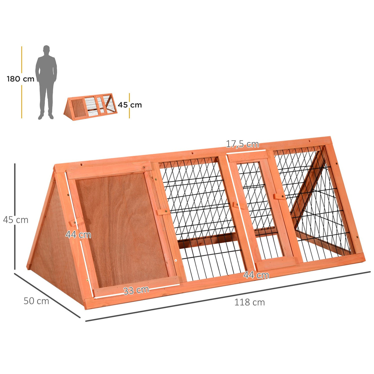 Small Animal Hutch Guinea Pig Hutch 118 X 50 X 45 Cm Triangular With Outdoor Run Orange