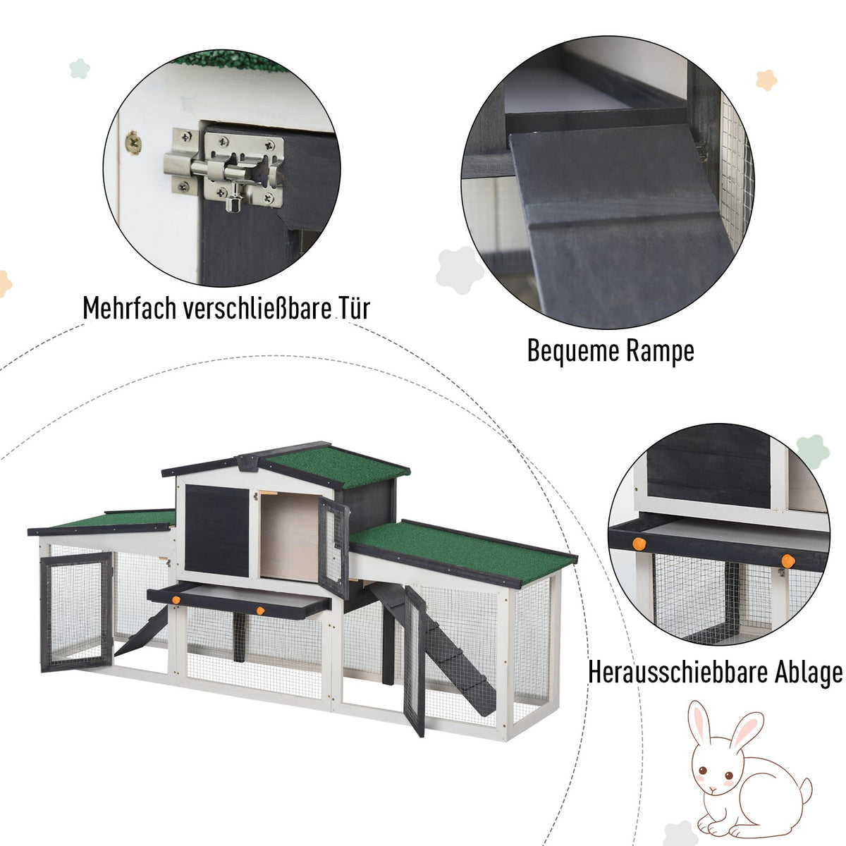 Small Animal Hutch Small Animal Cage 204 X 45 X 80 Cm Dwarf Rabbit Hutch With Asphalt Roof And Outdoor Enclosure Double-Decker Fir Wood Dark Gray + White