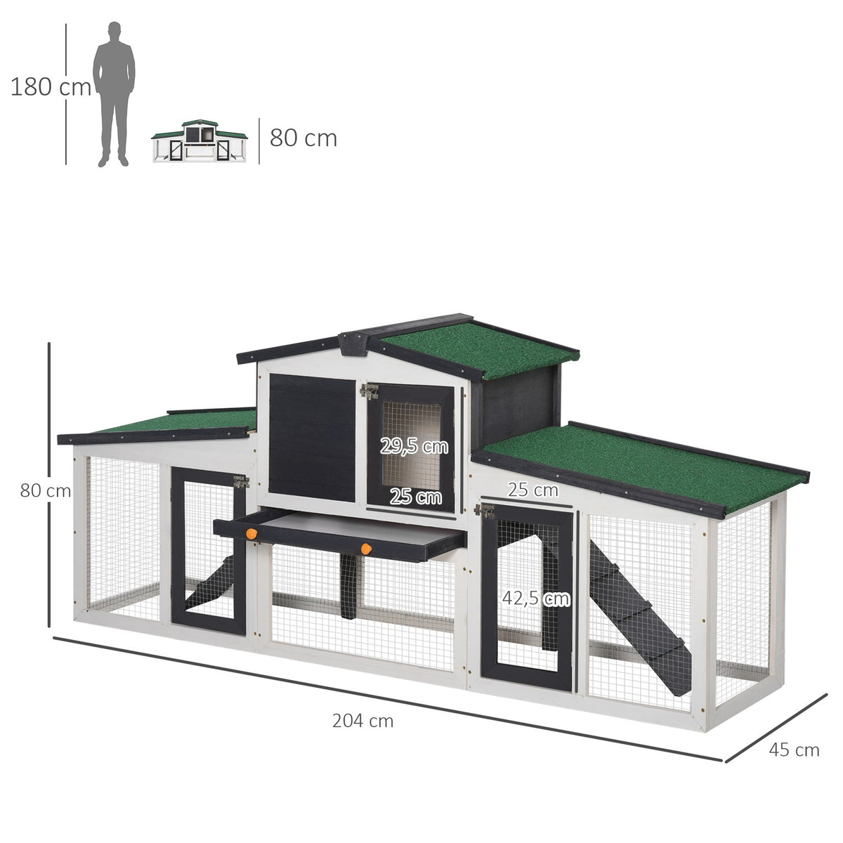 Small Animal Hutch Small Animal Cage 204 X 45 X 80 Cm Dwarf Rabbit Hutch With Asphalt Roof And Outdoor Enclosure Double-Decker Fir Wood Dark Gray + White