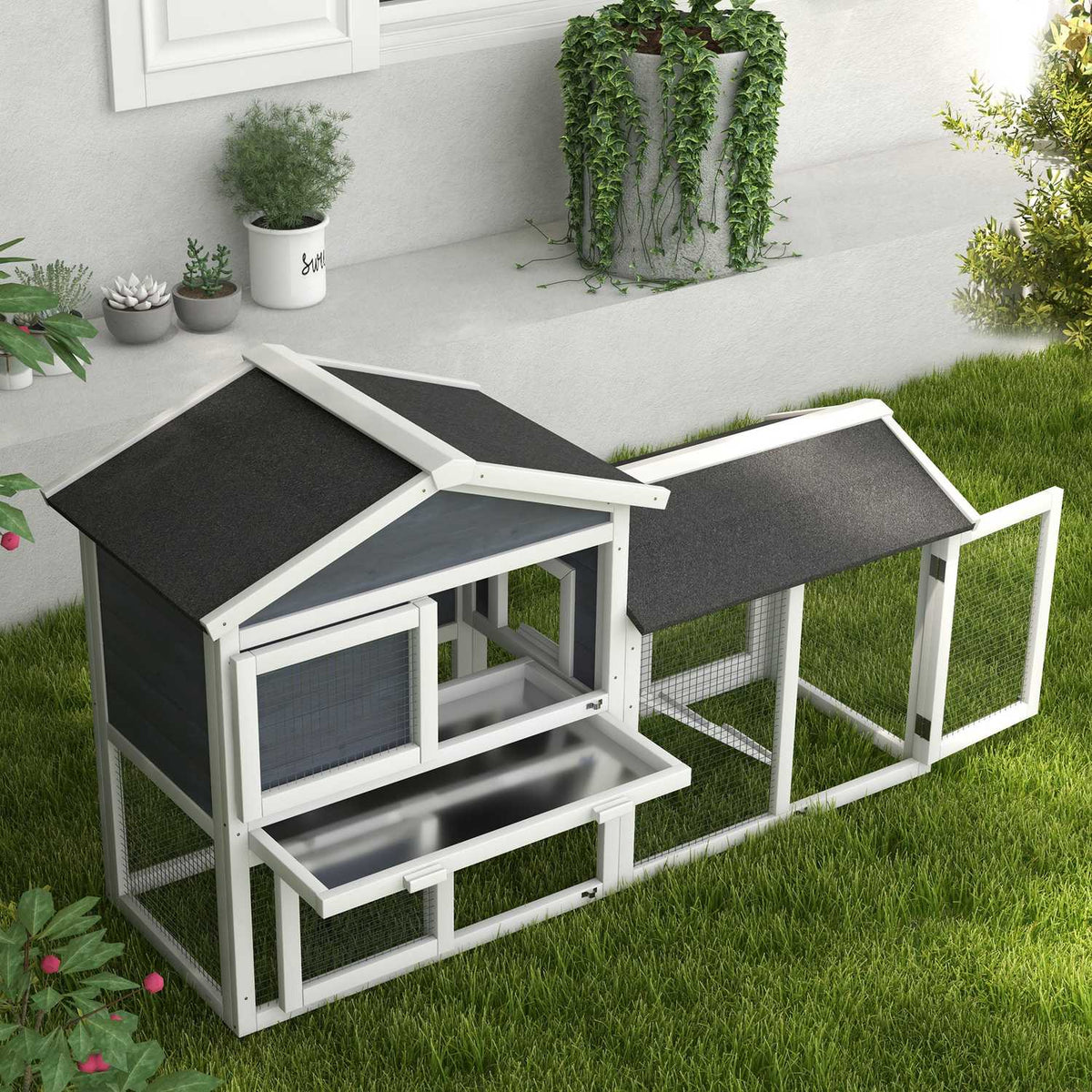 Small Animal Hutch with Run, Fir Wood, 147 x 54 x 84 cm, Gray