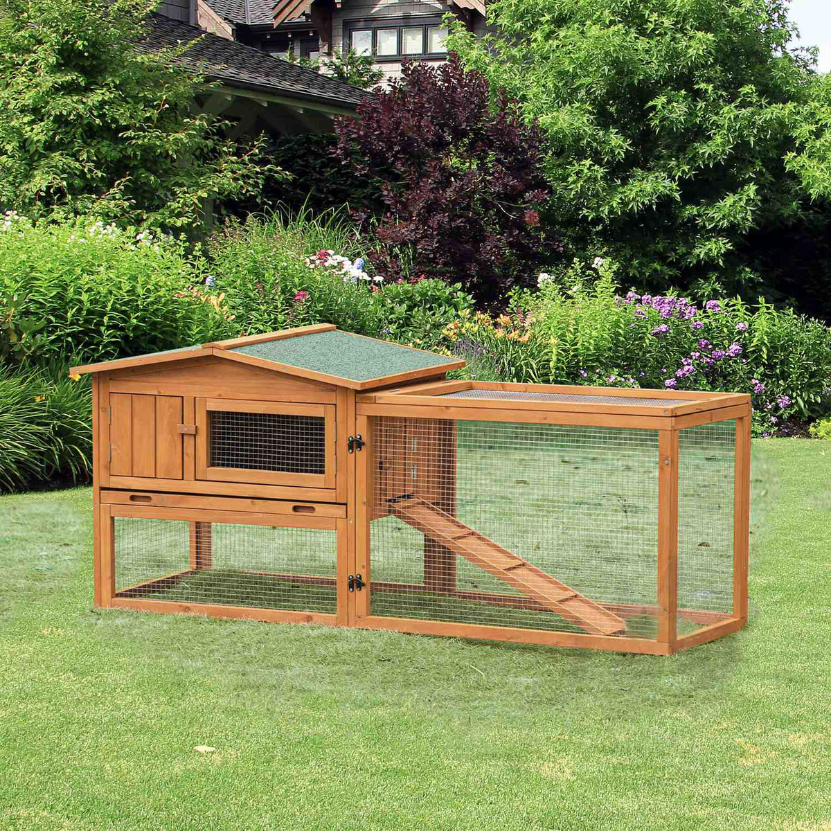 Small Animal Stable Fir Wood Small Animal House With Asphalt Roof Small Animal Cage With Floor Tray And Ramp Enclosure Outdoor Indoor Orange 156 X 58 X 68 Cm