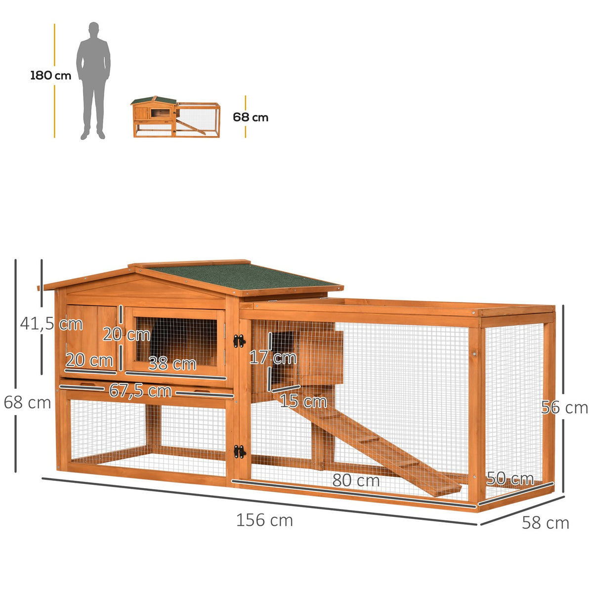 Small Animal Stable Fir Wood Small Animal House With Asphalt Roof Small Animal Cage With Floor Tray And Ramp Enclosure Outdoor Indoor Orange 156 X 58 X 68 Cm