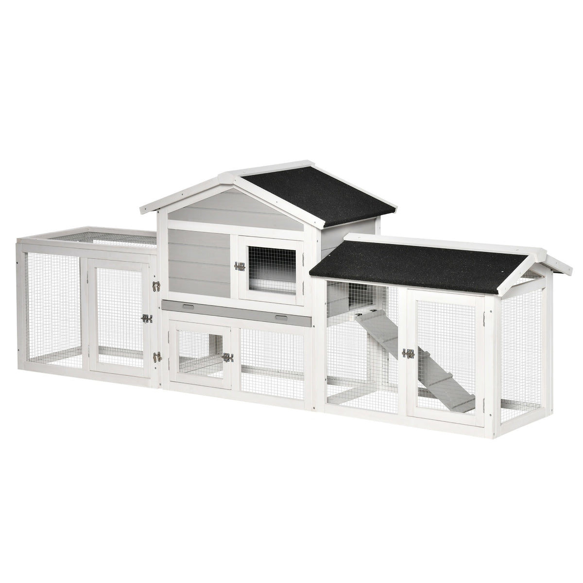 Small Animal Stable With Outdoor Enclosure And Asphalt Roof, Double-Story, Fir Wood, Grey