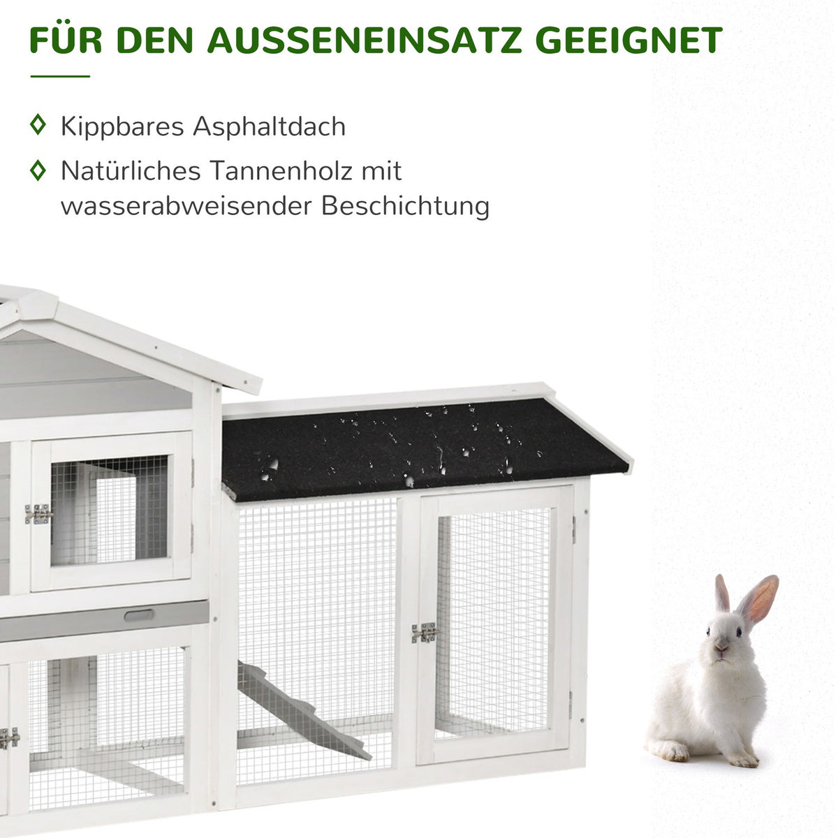 Small Animal Stable With Outdoor Enclosure And Asphalt Roof, Double-Story, Fir Wood, Grey