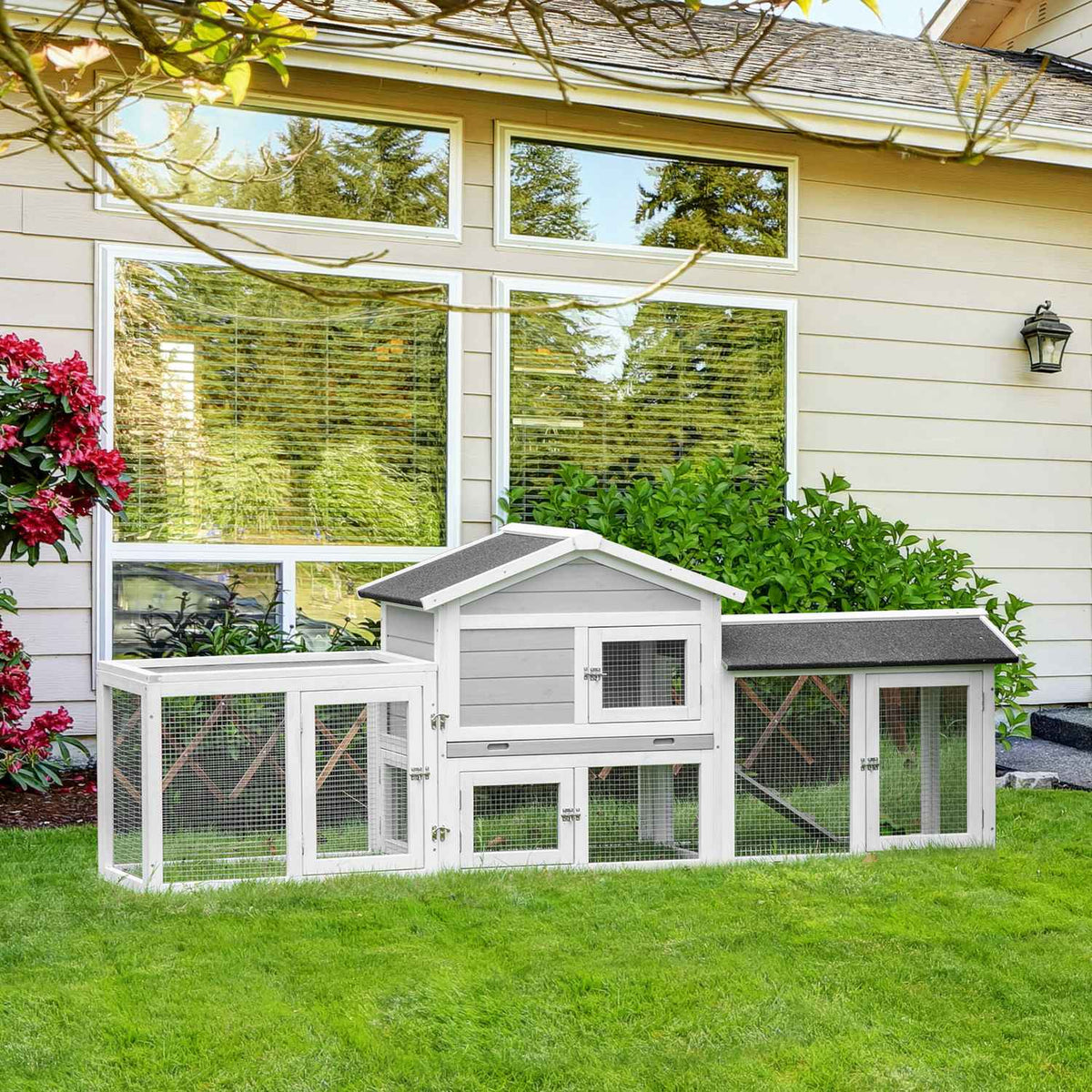 Small Animal Stable With Outdoor Enclosure And Asphalt Roof, Double-Story, Fir Wood, Grey