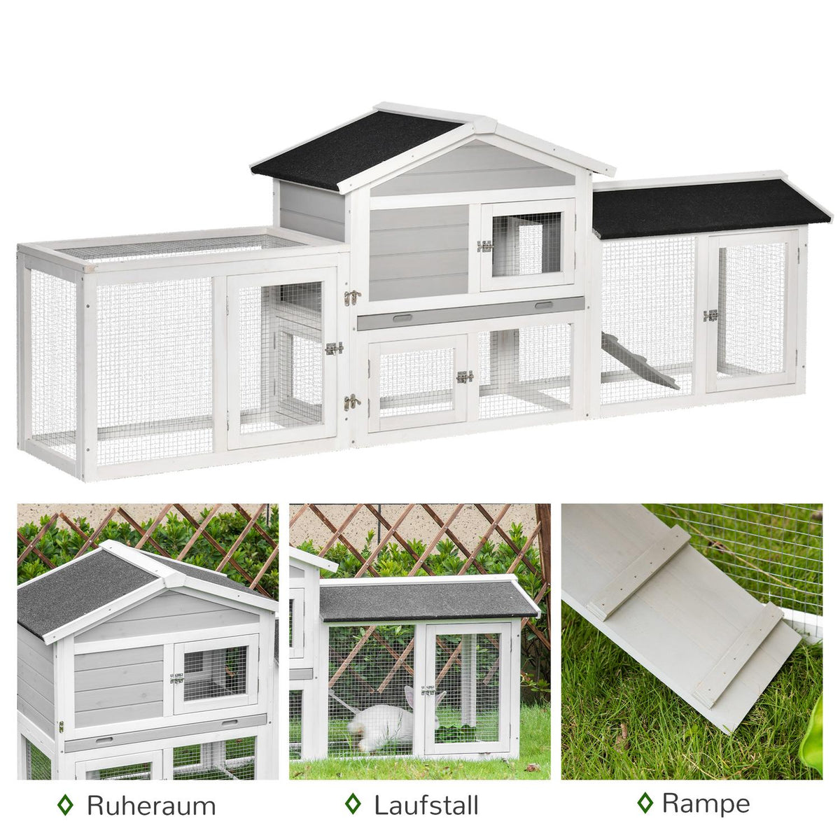 Small Animal Stable With Outdoor Enclosure And Asphalt Roof, Double-Story, Fir Wood, Grey