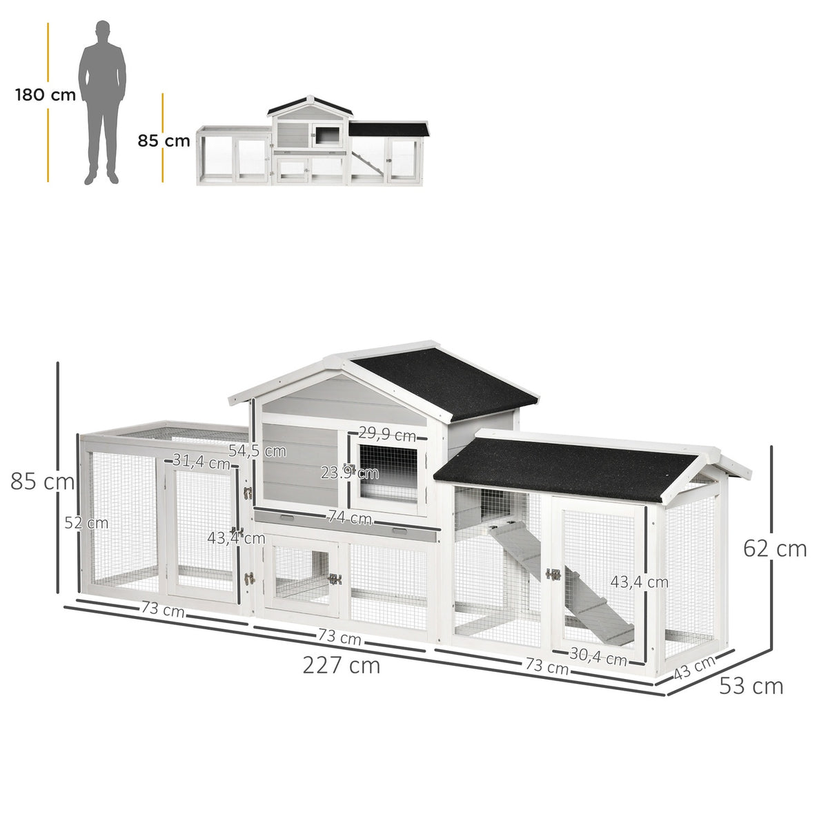 Small Animal Stable With Outdoor Enclosure And Asphalt Roof, Double-Story, Fir Wood, Grey
