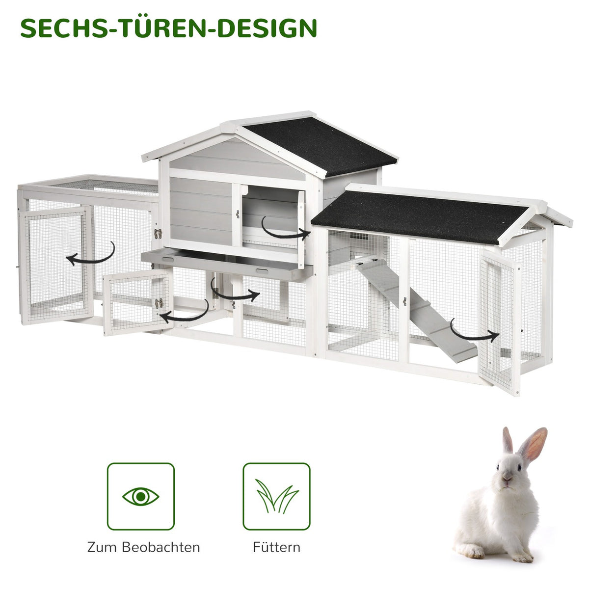 Small Animal Stable With Outdoor Enclosure And Asphalt Roof, Double-Story, Fir Wood, Grey