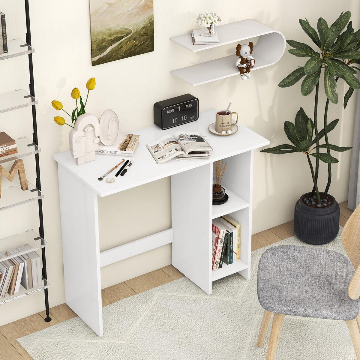 Small Computer Desk With Storage, Adjustable Shelf, White