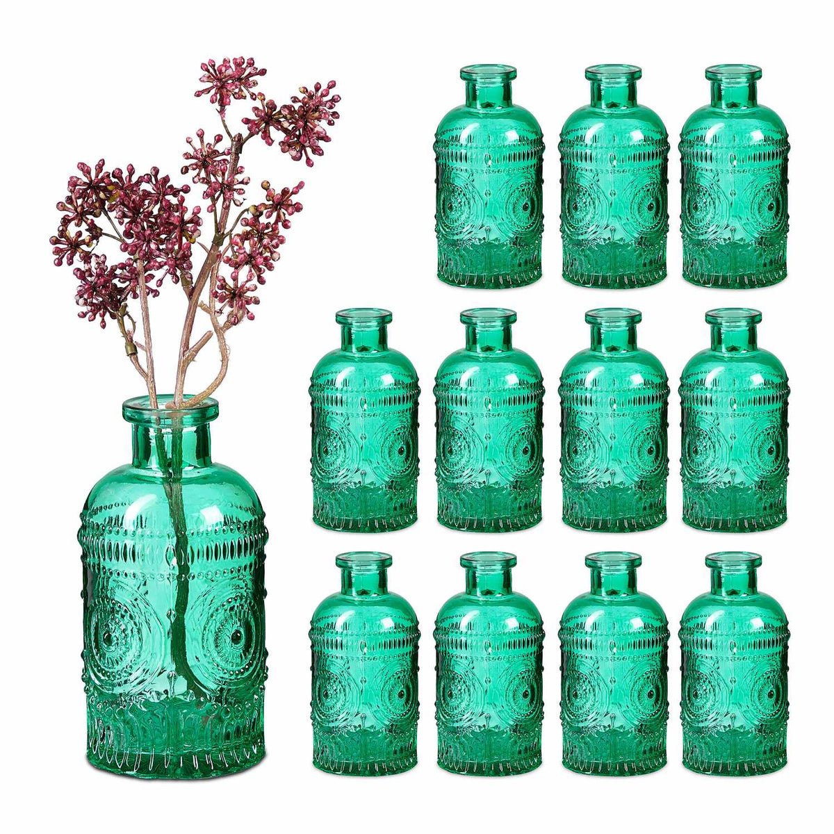 Small Glass Vases Set of 12 – Decorative Embossed Design