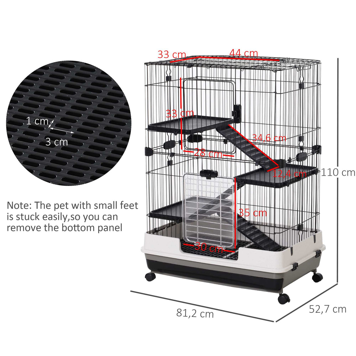Small Pet Cage, 4 Wheels, 3 Doors, 2 Platforms, Metal, Black