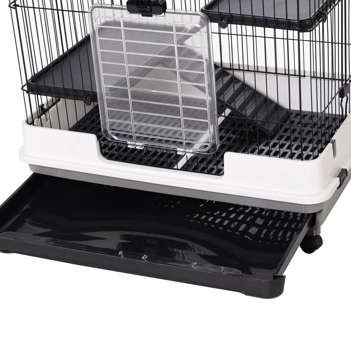 Small Pet Cage, 4 Wheels, 3 Doors, 2 Platforms, Metal, Black
