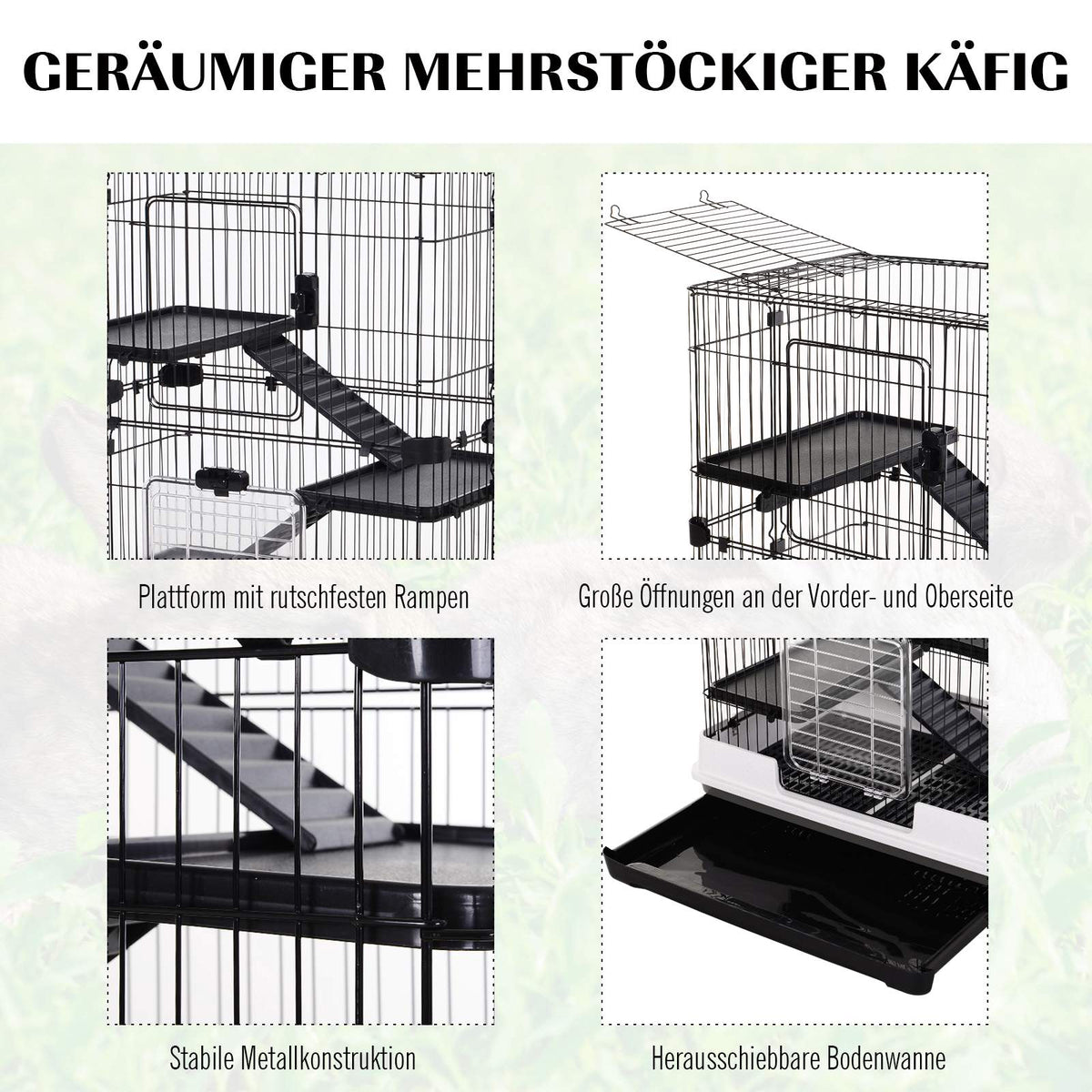 Small Pet Cage, 4 Wheels, 3 Doors, 2 Platforms, Metal, Black