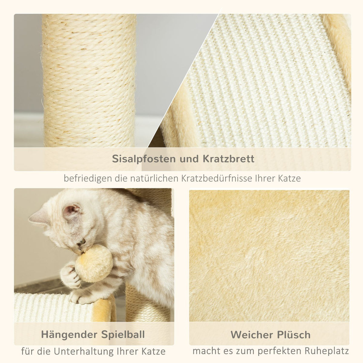 Small Scratching Post With Play Balls, Cat Scratching Post With Sisal Rope Scratching Poles, Beige, 35.5X37X46Cm