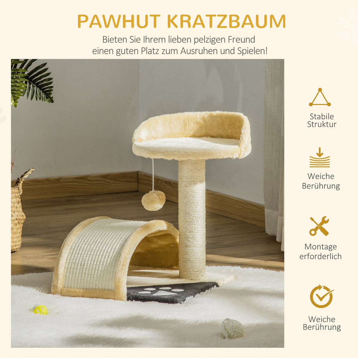 Small Scratching Post With Play Balls, Cat Scratching Post With Sisal Rope Scratching Poles, Beige, 35.5X37X46Cm