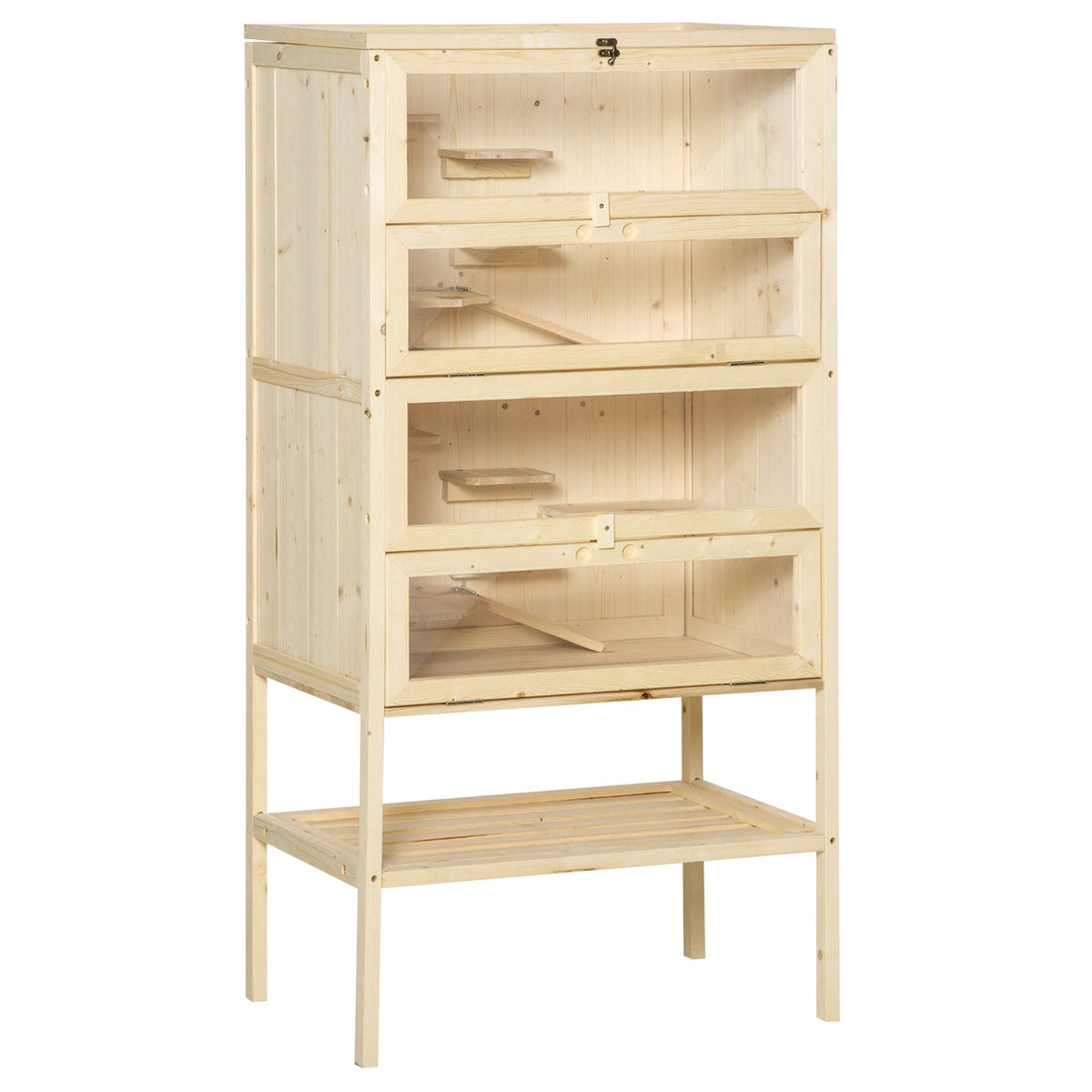 Small animal cage 5 levels with mesh roof ramps small animal stable cage rodent cage guinea pig hutch fir wood natural wood 60 x 40 x 120 cm