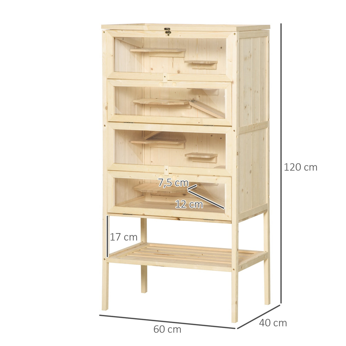 Small animal cage 5 levels with mesh roof ramps small animal stable cage rodent cage guinea pig hutch fir wood natural wood 60 x 40 x 120 cm