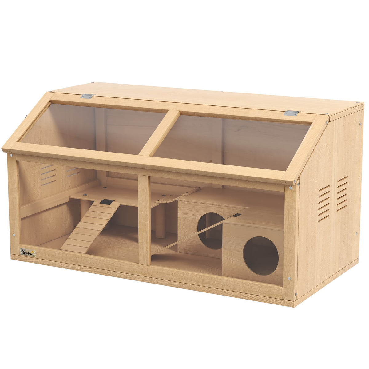 Small animal cage made of wood, small animal stable with suspension bridge, ladders, hut, 84 x 45 x 44 cm rodent cage with top door, for dwarf hamsters, natural
