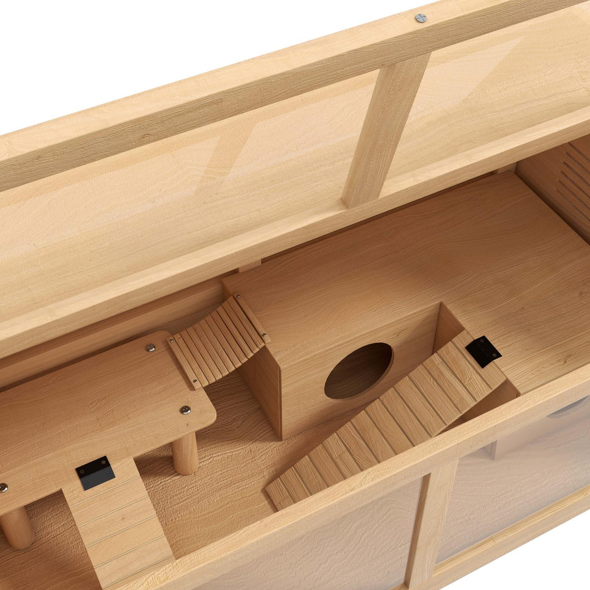 Small animal cage made of wood, small animal stable with suspension bridge, ladders, hut, 84 x 45 x 44 cm rodent cage with top door, for dwarf hamsters, natural