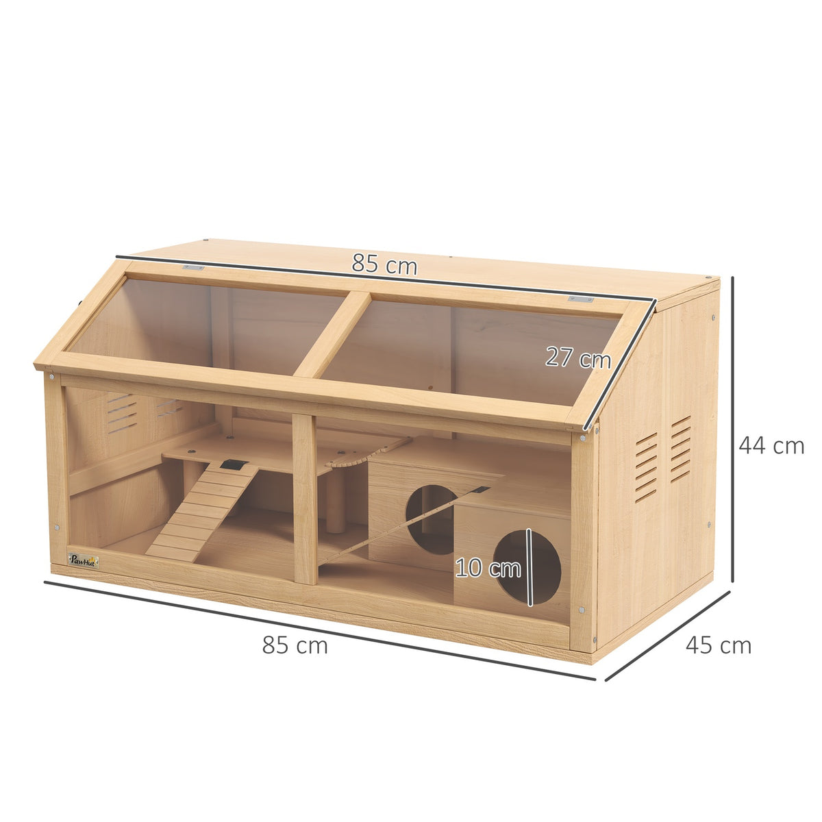 Small animal cage made of wood, small animal stable with suspension bridge, ladders, hut, 84 x 45 x 44 cm rodent cage with top door, for dwarf hamsters, natural