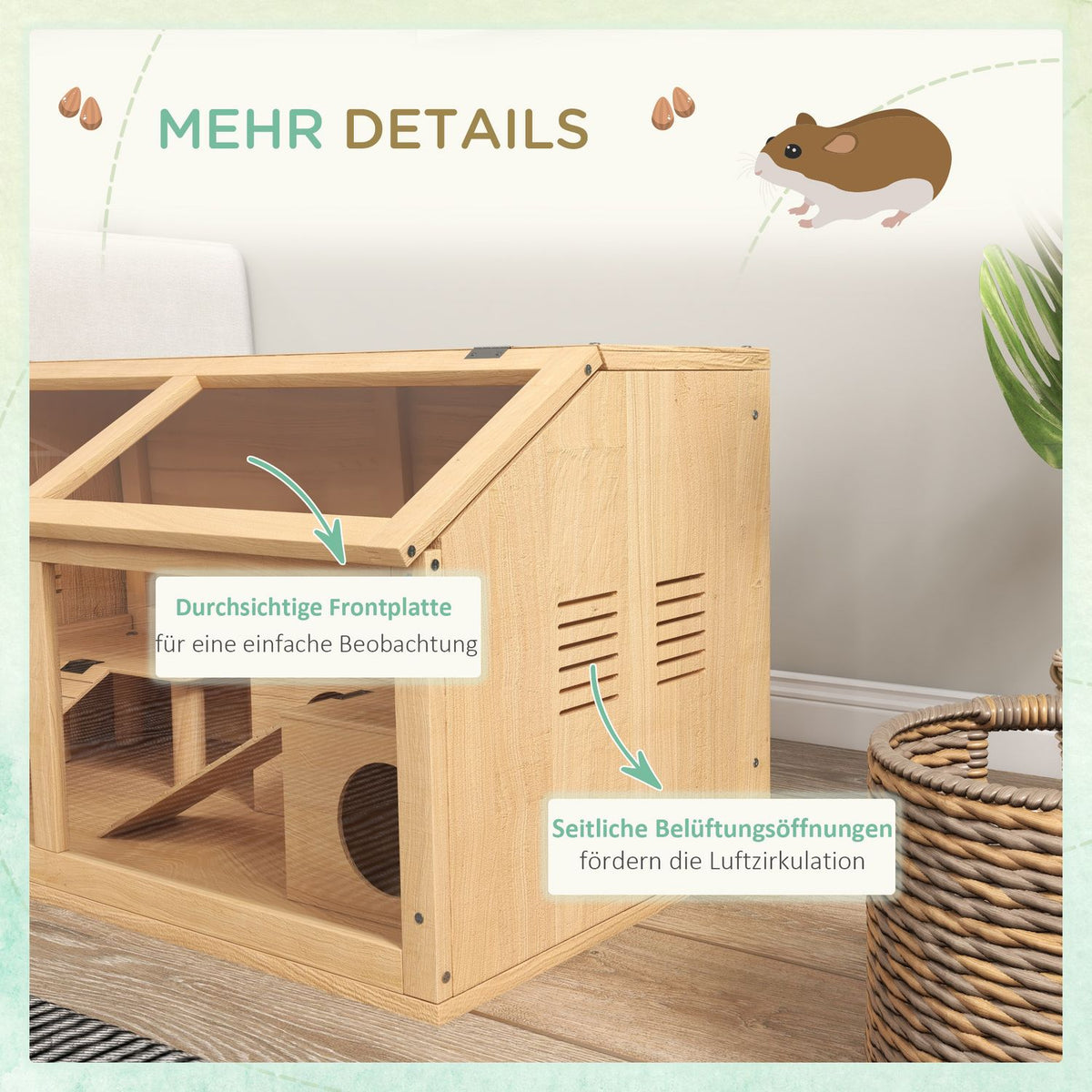 Small animal cage made of wood, small animal stable with suspension bridge, ladders, hut, 84 x 45 x 44 cm rodent cage with top door, for dwarf hamsters, natural