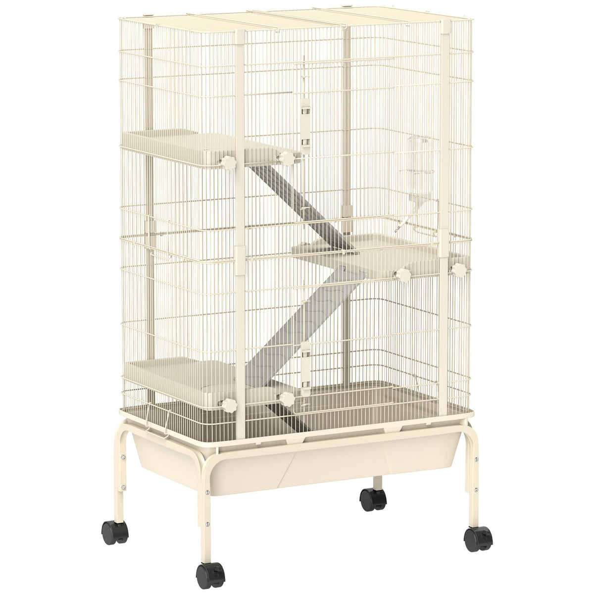 Small animal cage, rodent cage, ferret cage with 3 ramps, mouse cage with extendable tray, food bowl, water bottle, cage with accessories for chinchilla, squirrel, dwarf hamster beige |
