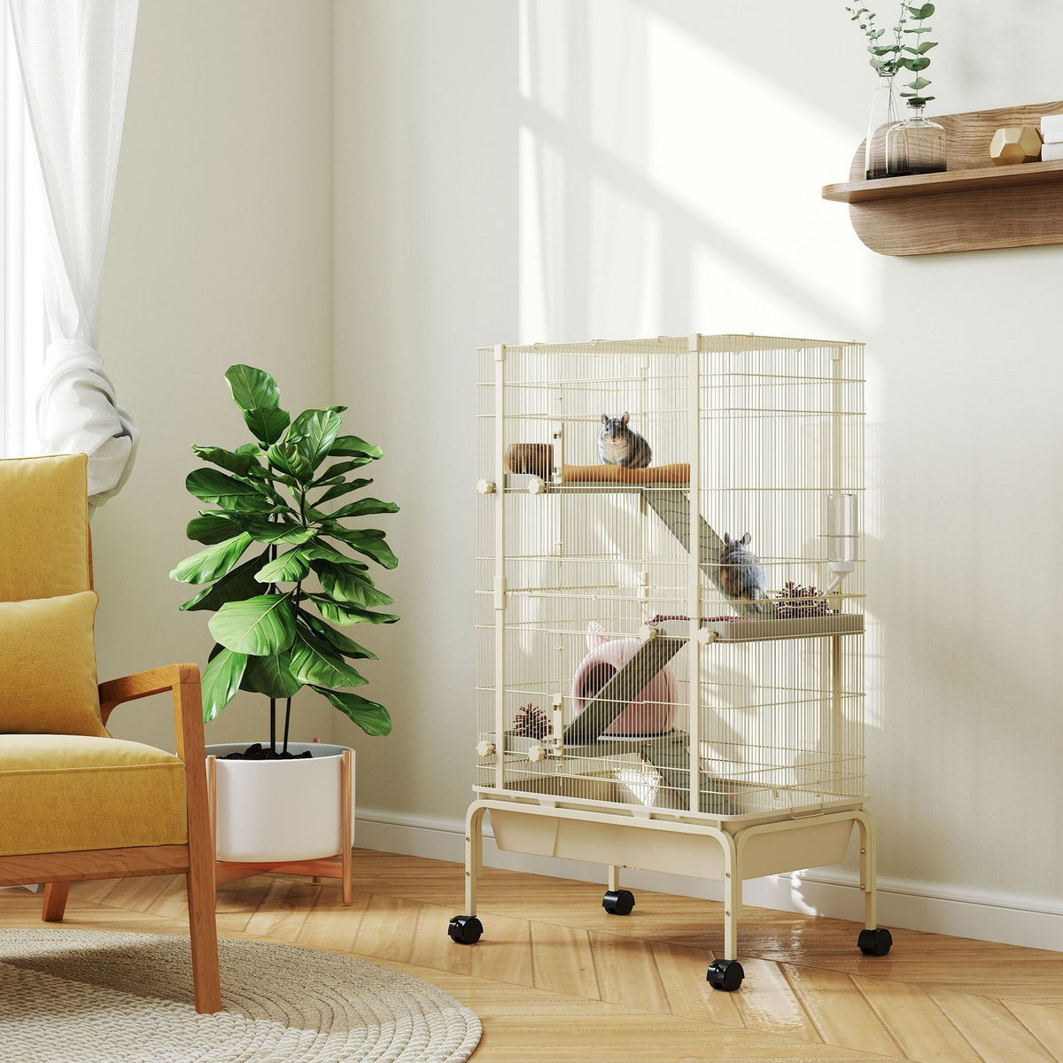 Small animal cage, rodent cage, ferret cage with 3 ramps, mouse cage with extendable tray, food bowl, water bottle, cage with accessories for chinchilla, squirrel, dwarf hamster beige |