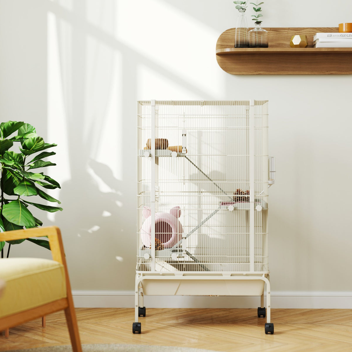 Small animal cage, rodent cage, ferret cage with 3 ramps, mouse cage with extendable tray, food bowl, water bottle, cage with accessories for chinchilla, squirrel, dwarf hamster beige |