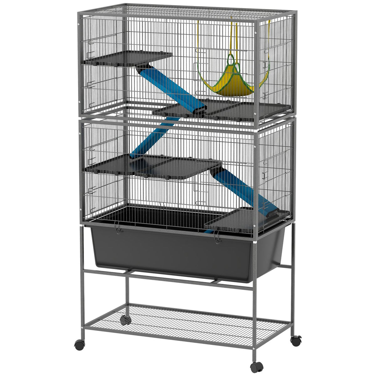 Small animal cage, rodent cage, ferret cage with pull-out tray, mouse cage with ramps, hammock, wheels, shelf, cage with accessories for squirrels, dwarf hamsters, chinchillas, dark gray |