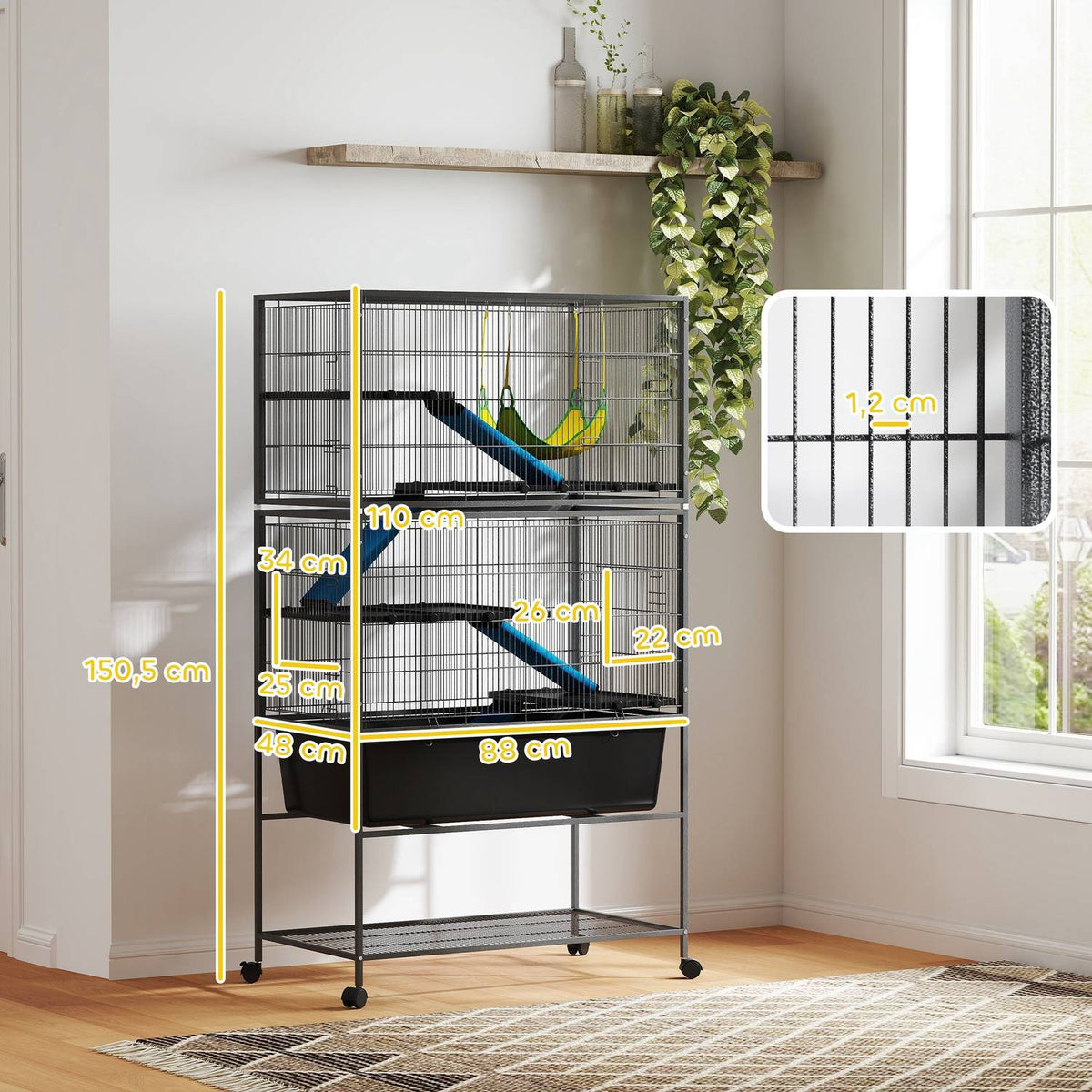 Small animal cage, rodent cage, ferret cage with pull-out tray, mouse cage with ramps, hammock, wheels, shelf, cage with accessories for squirrels, dwarf hamsters, chinchillas, dark gray |