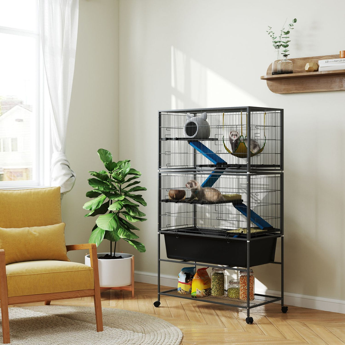 Small animal cage, rodent cage, ferret cage with pull-out tray, mouse cage with ramps, hammock, wheels, shelf, cage with accessories for squirrels, dwarf hamsters, chinchillas, dark gray |