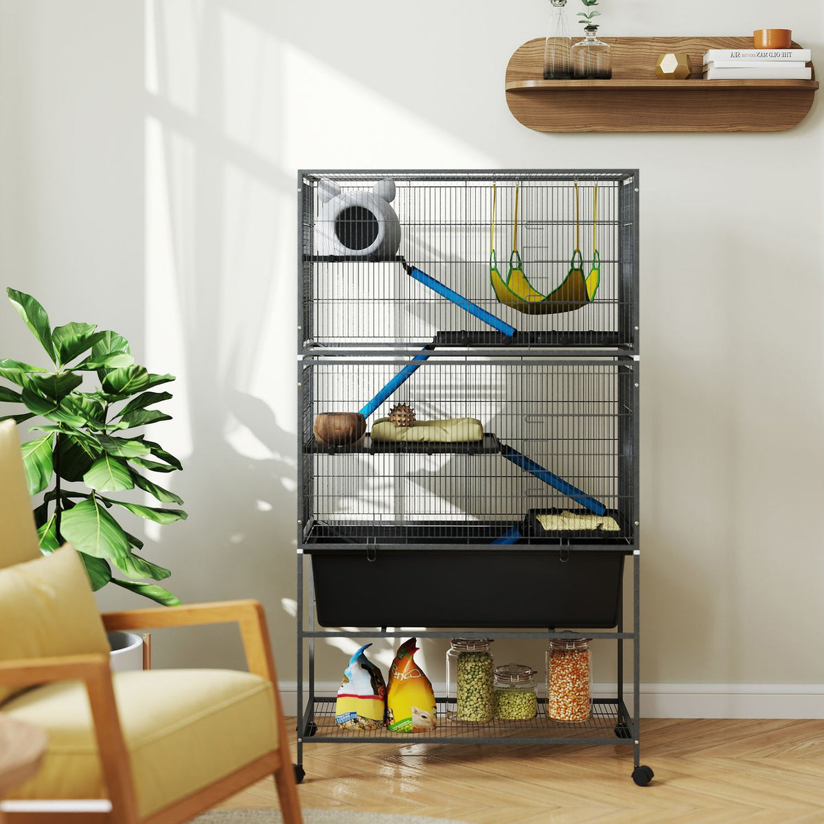 Small animal cage, rodent cage, ferret cage with pull-out tray, mouse cage with ramps, hammock, wheels, shelf, cage with accessories for squirrels, dwarf hamsters, chinchillas, dark gray |