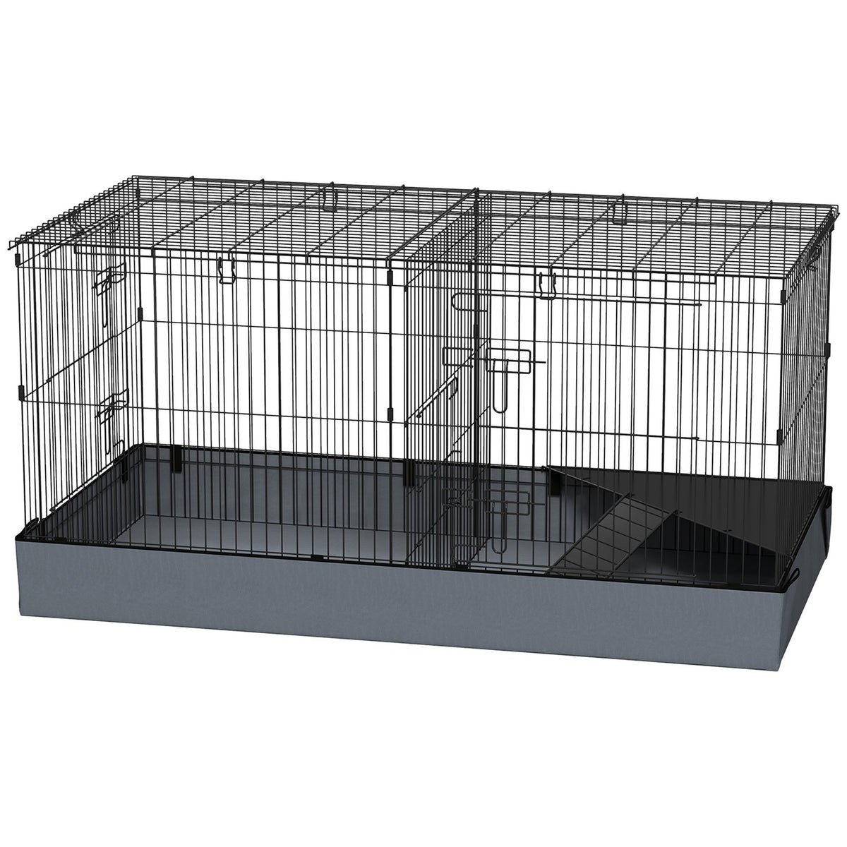 Small animal cage, small animal hutch with ramp, partition, rodent cage with removable cover, fabric base, rabbit cage for small animals, steel black