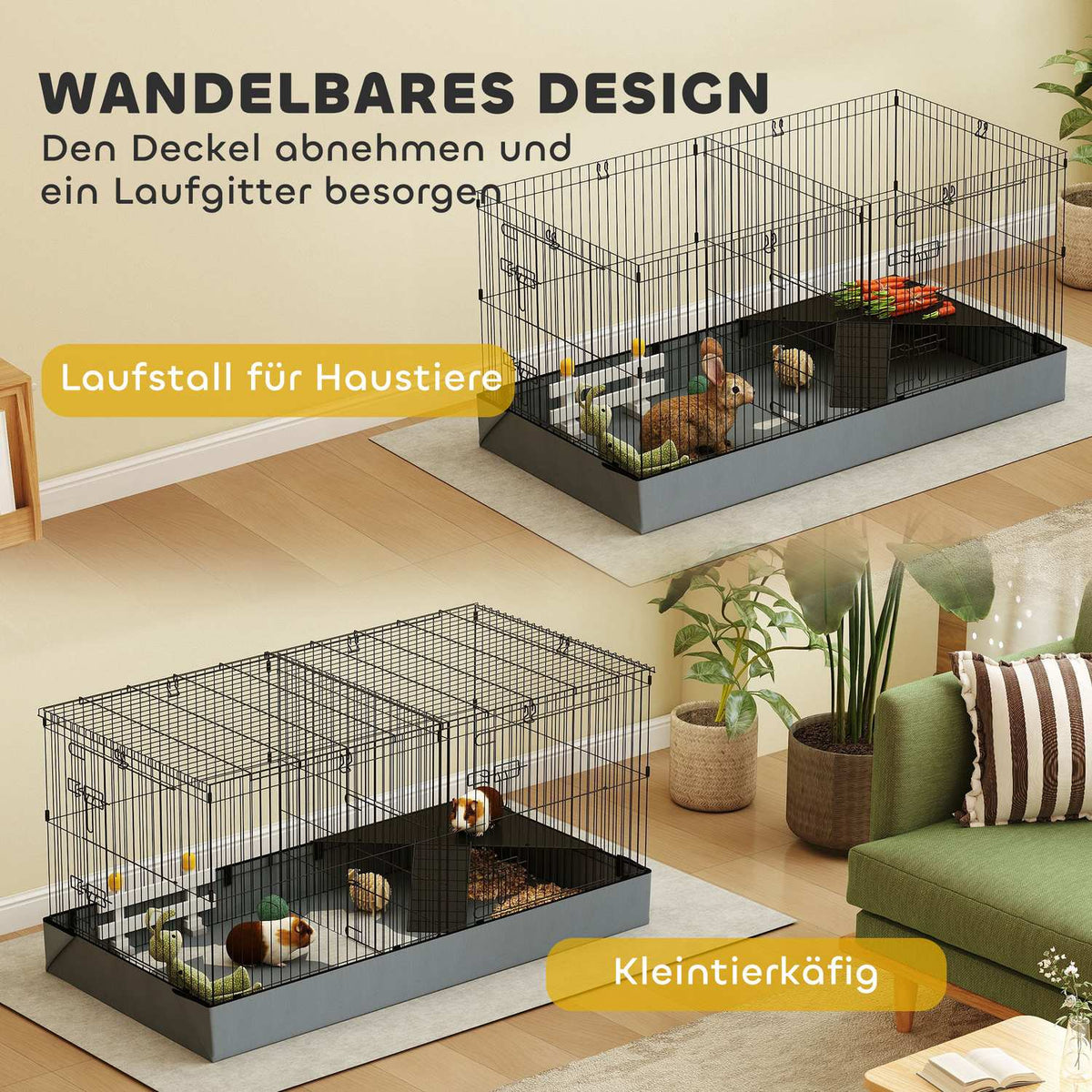 Small animal cage, small animal hutch with ramp, partition, rodent cage with removable cover, fabric base, rabbit cage for small animals, steel black