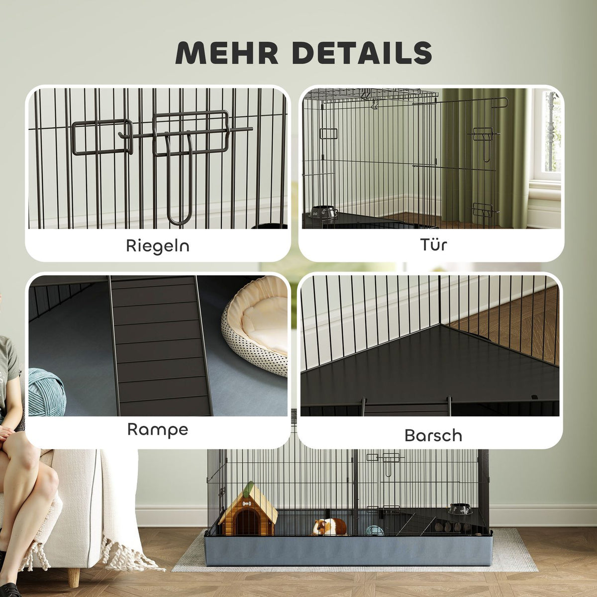 Small animal cage, small animal hutch with ramp, partition, rodent cage with removable cover, fabric base, rabbit cage for small animals, steel black