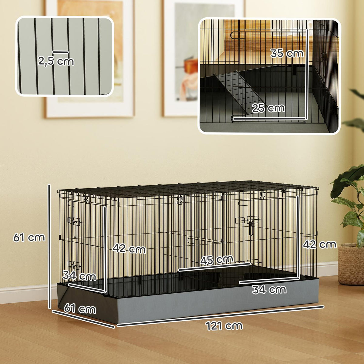 Small animal cage, small animal hutch with ramp, partition, rodent cage with removable cover, fabric base, rabbit cage for small animals, steel black