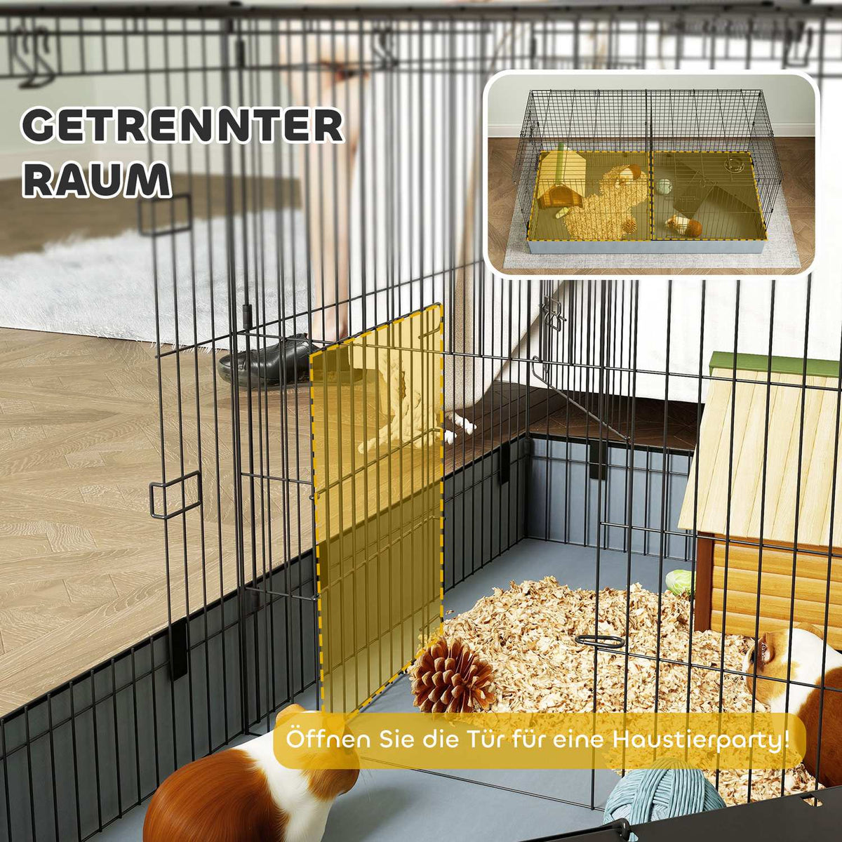 Small animal cage, small animal hutch with ramp, partition, rodent cage with removable cover, fabric base, rabbit cage for small animals, steel black