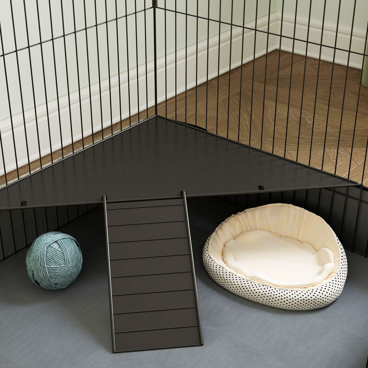 Small animal cage, small animal hutch with ramp, partition, rodent cage with removable cover, fabric base, rabbit cage for small animals, steel black