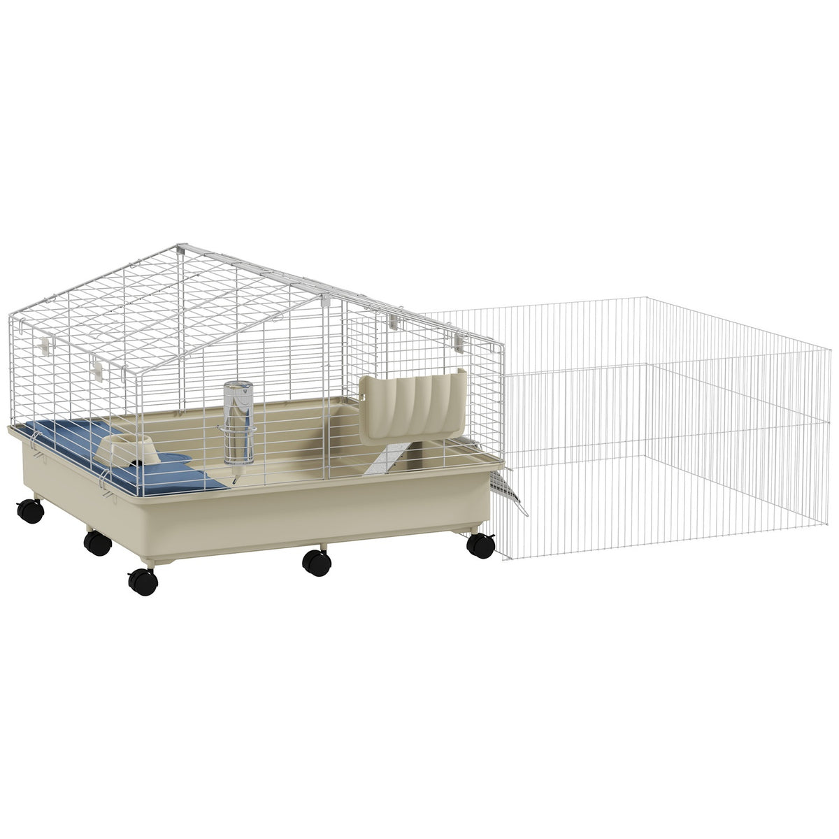 Small animal cage with playpen, rabbit cage, small animal hutch with water bottle, hay feeding, food bowl, ramp rodent cage with wheels for guinea pigs and hedgehogs white