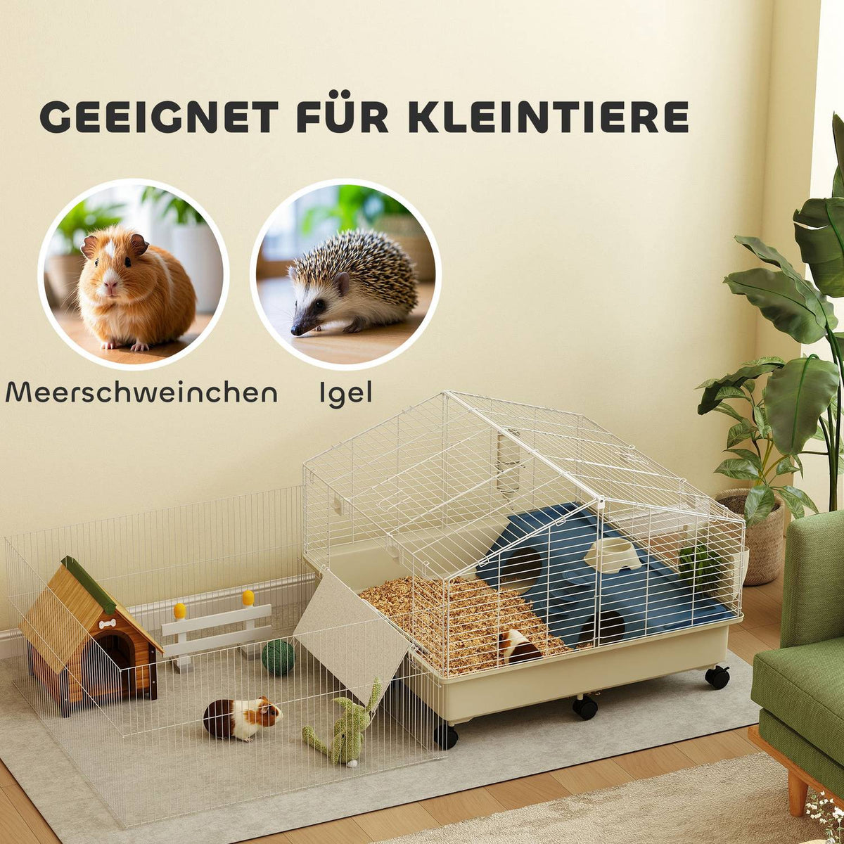 Small animal cage with playpen, rabbit cage, small animal hutch with water bottle, hay feeding, food bowl, ramp rodent cage with wheels for guinea pigs and hedgehogs white