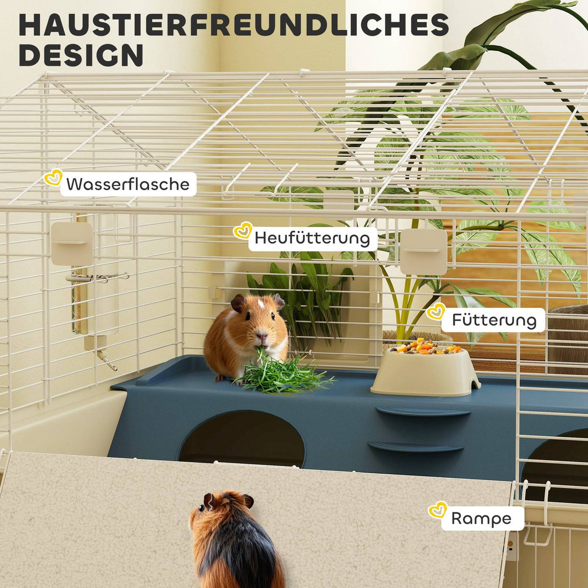 Small animal cage with playpen, rabbit cage, small animal hutch with water bottle, hay feeding, food bowl, ramp rodent cage with wheels for guinea pigs and hedgehogs white