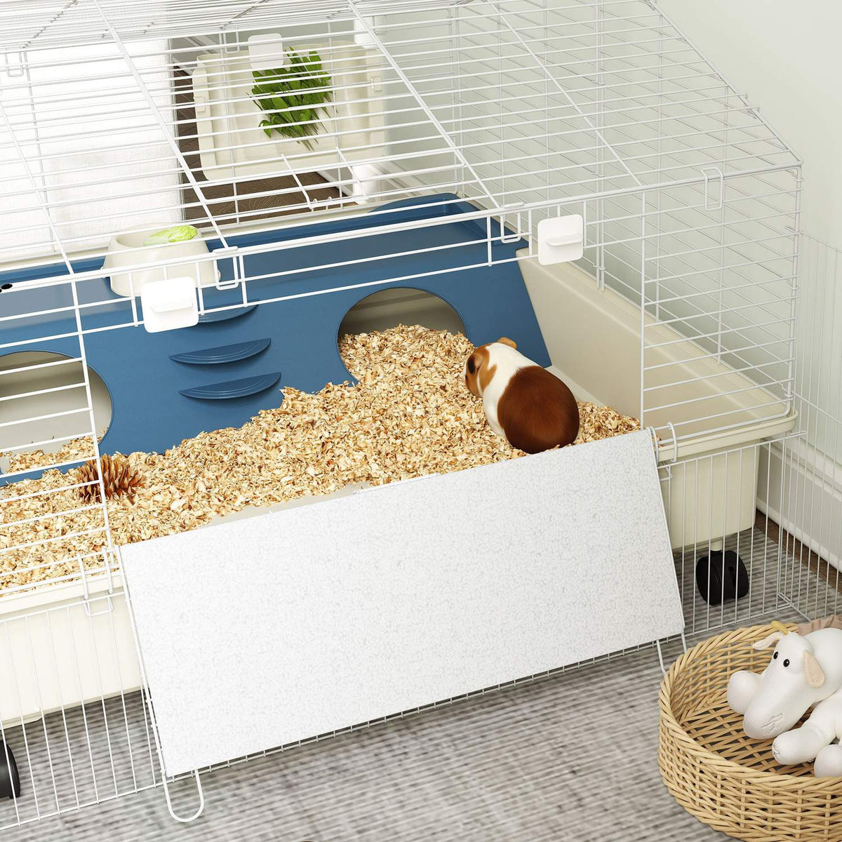 Small animal cage with playpen, rabbit cage, small animal hutch with water bottle, hay feeding, food bowl, ramp rodent cage with wheels for guinea pigs and hedgehogs white