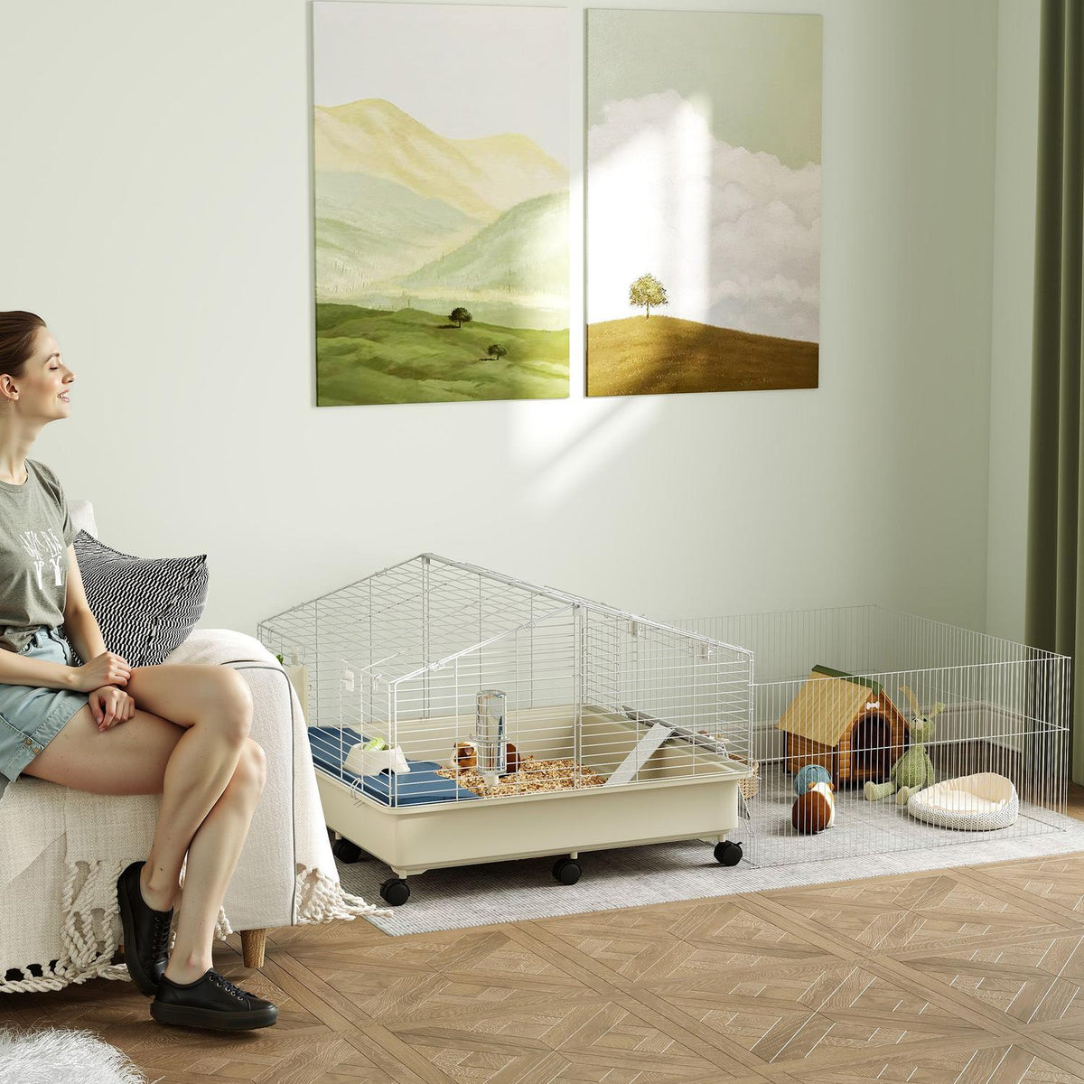 Small animal cage with playpen, rabbit cage, small animal hutch with water bottle, hay feeding, food bowl, ramp rodent cage with wheels for guinea pigs and hedgehogs white