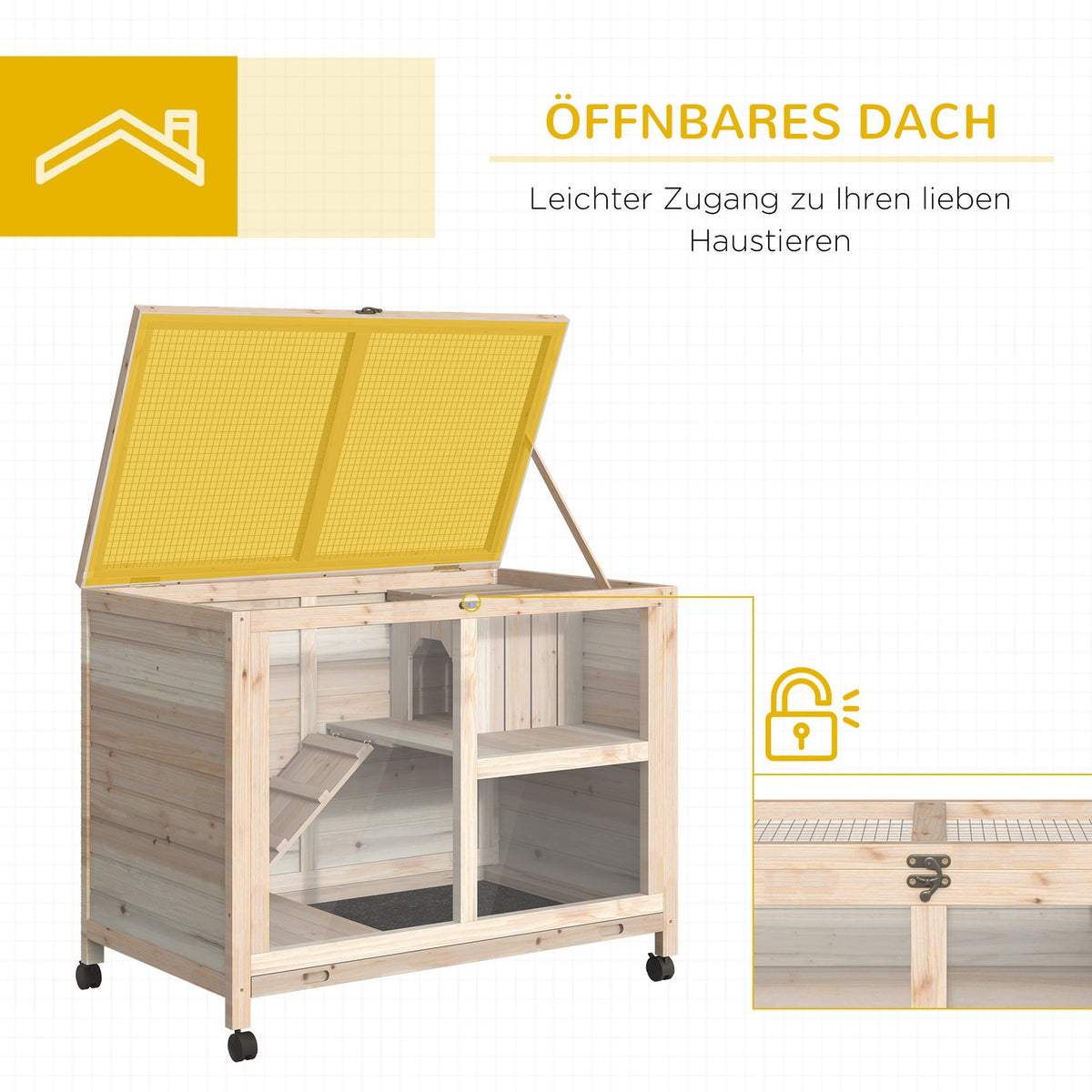 Small animal cage with wheels Guinea pig cage Small animal stable Small animal house inside and outside winterproof natural fir wood 91.5 x 53.3 x 73 cm
