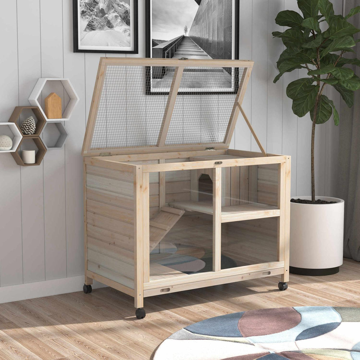 Small animal cage with wheels Guinea pig cage Small animal stable Small animal house inside and outside winterproof natural fir wood 91.5 x 53.3 x 73 cm