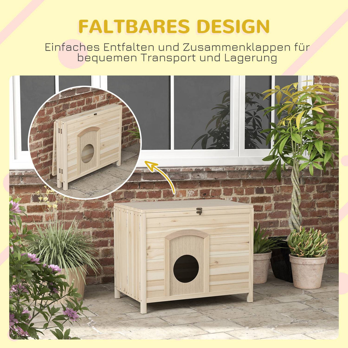 Small animal house foldable small animal cage, pet house made of wood, wooden house for cats, dogs under 13.5 kg, indoor, 78 x 51 x 62 cm, natural wood