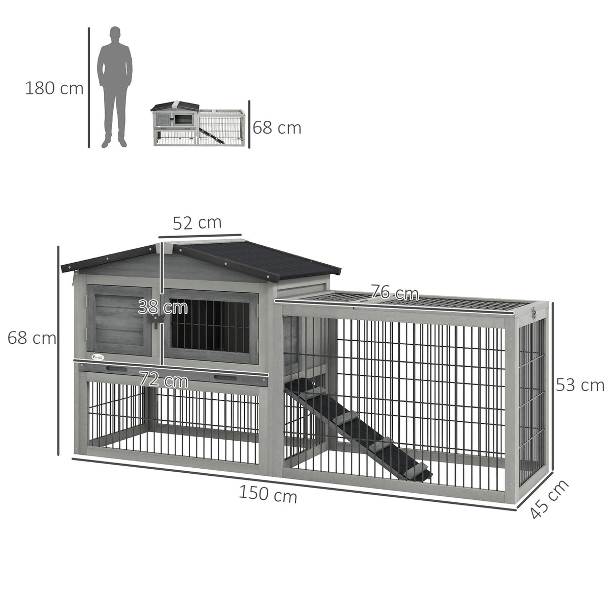 Small animal hutch small animal cage with outdoor enclosure guinea pig hutch free-range enclosure winterproof outdoor animal hutch fir wood gray 150 cm x 52 cm x 68 cm |
