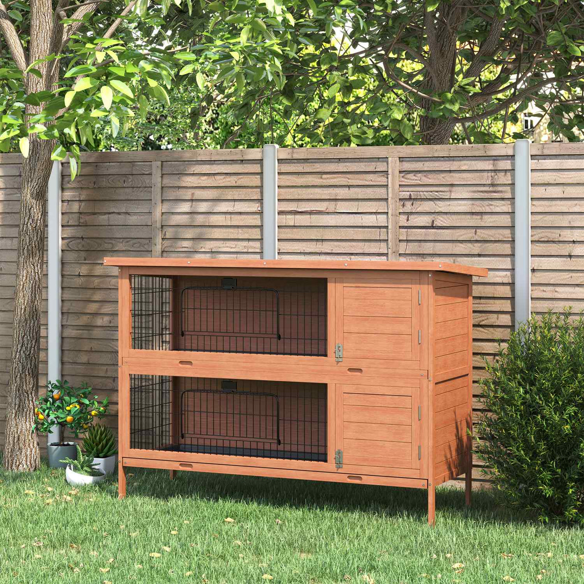 Small animal pen, double-decker, small animal cage for guinea pigs made of fir wood, orange, 136.4 cm x 50 cm x 93 cm